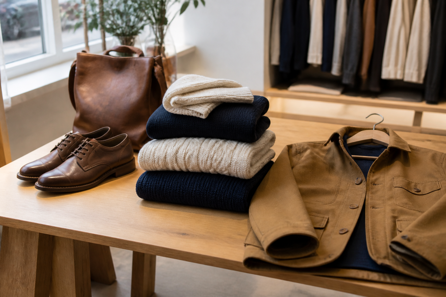 Selección de prendas, calzado y accesorios de calidad sin marcas visibles